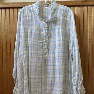 CP Shades Womens Linen Plaid Ruffle Collar Button Top Small Blue 1358-228 NWOT